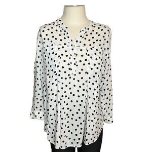 Maeve ivory and black dot ¼ button front pop over blouse with ¾ sleeve M